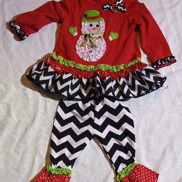 Rare Editions / 2 Pc Outfit / Girls / 6–9 Months / Christmas Snowman / Red Green - Picture 1 of 9